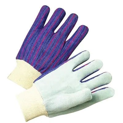 Leather Palm Knit Wrist Cotton Gloves, Men's, Cowhide, Pearl Gray, Striped Back 1