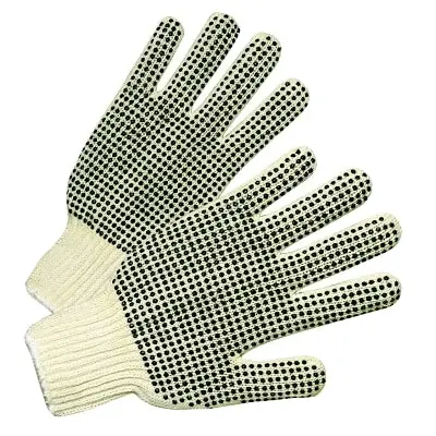 Medium Weight Seamless String-Knit Gloves W/Double-Sided Pvc Dot Grips, Men's, Knit Wrist, Natural White/Black Pvc Dots 1