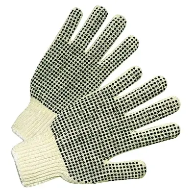 Medium Weight Seamless String-Knit Gloves W/Single-Sided Pvc Dot Grips, Men's, Knit Wrist, Natural White/Black Pvc Dots 1