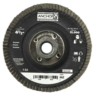 Abrasive Flap Disc, 4-1/2 In, 40 Grit, 5/8 In - 11 Arbor, 13,000 Rpm, Angled 1