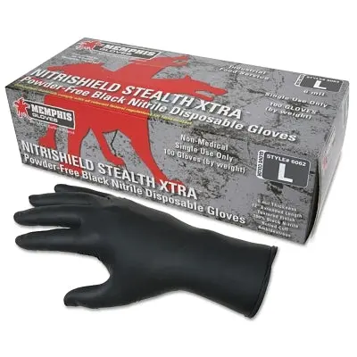 Nitrile Disposable Gloves, Nitrishield Stealth Xtra, Rolled Cuff, Unlined, Large, Black, 6 Mil Thick 1