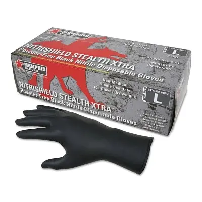 Nitrile Disposable Gloves, Nitrishield Stealth Xtra, Rolled Cuff, Unlined, Medium, Black, 6 Mil Thick 1