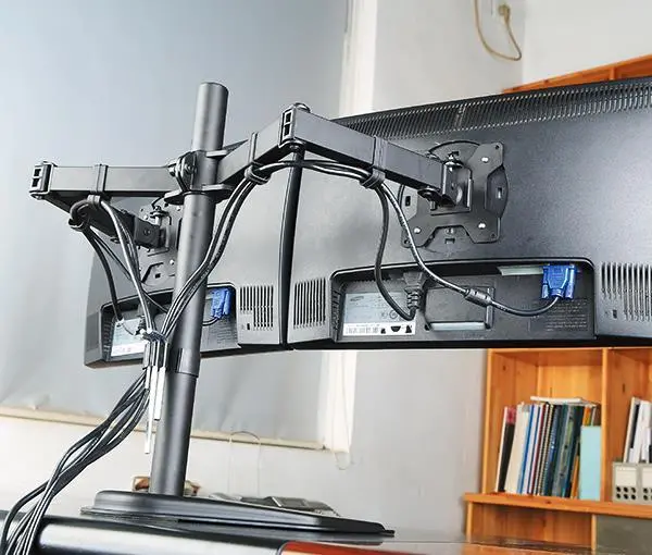 Dual Monitor Stand, Free Standing Height Adjustable Two Arm Monitor Mount For Two 13 To 27 Inch Lcd Screens With Swivel And Tilt Hongkong Model Ef002 1