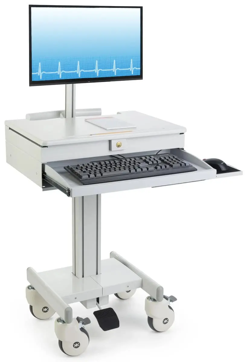 Computer Medical Cart, For 15”-27” Screens, Height Adjustable, Lockable Drawers, Gray (Hsc-Dm) 1