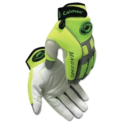 2980 Goat Grain Hi-Vis Reflective Back Knuckle Protection Mechanics Gloves, Neoprene, Large, Hi-Vis Lime Green 1