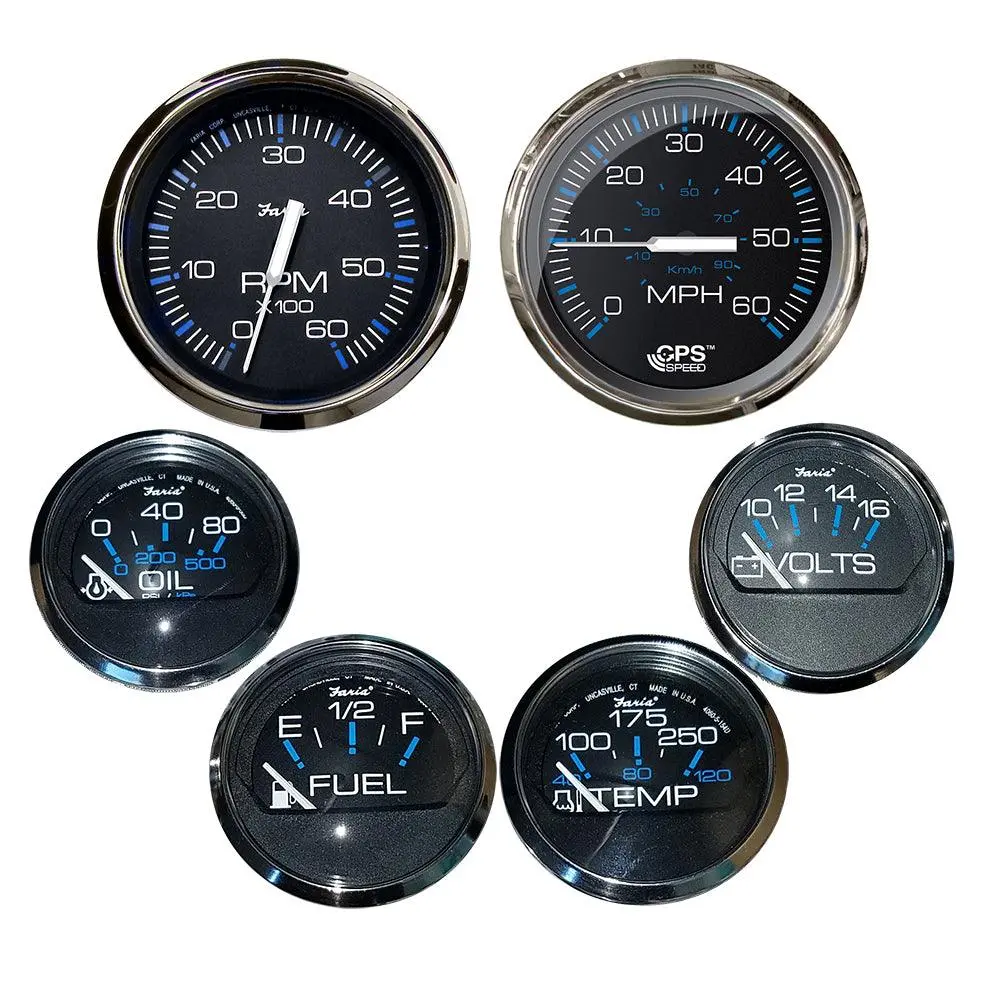 Faria Chesapeake Black W/Stainless Steel Bezel Boxed Set Of 6 - Speed, Tach, Fuel Level, Voltmeter, Water Temperature  Oil Psi - Inboard Motors  [Ktf064] 1