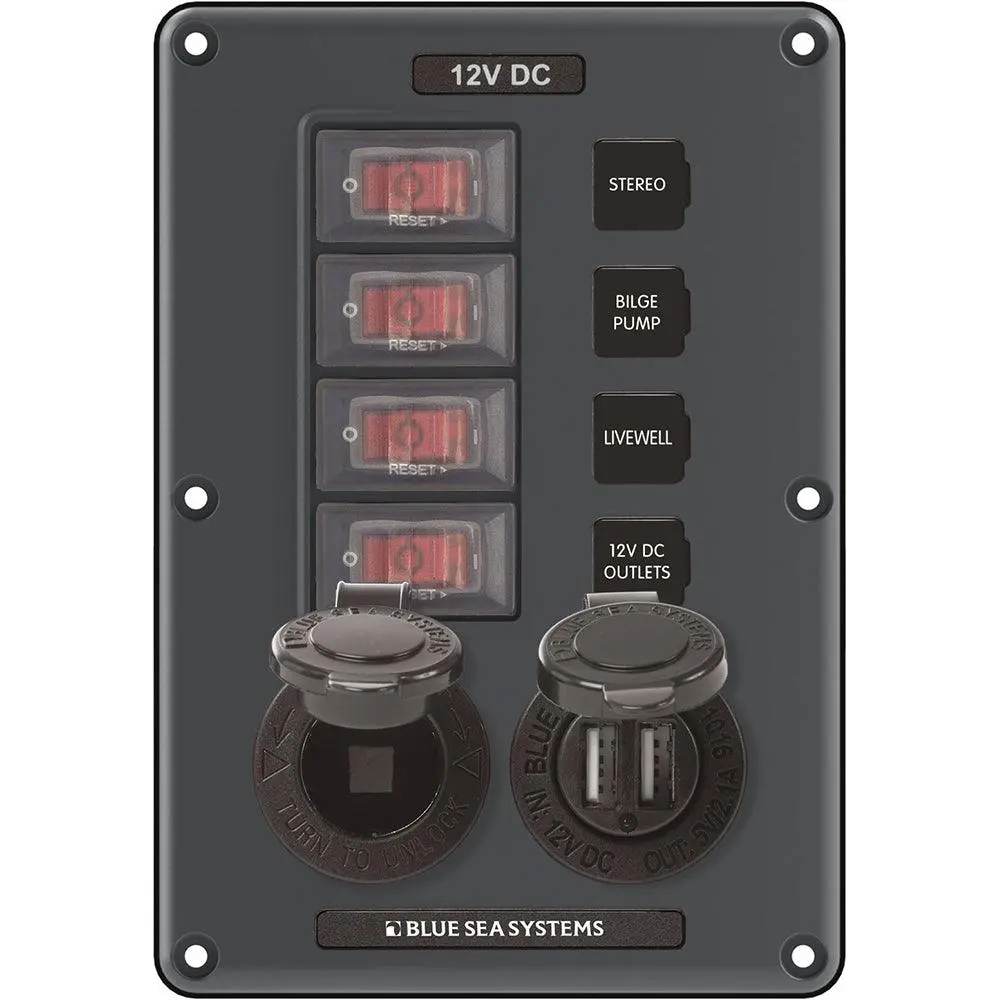 Blue Sea 4321 Circuit Breaker Switch Panel 4 Position - Gray W/12V Socket  Dual Usb [4321] 1