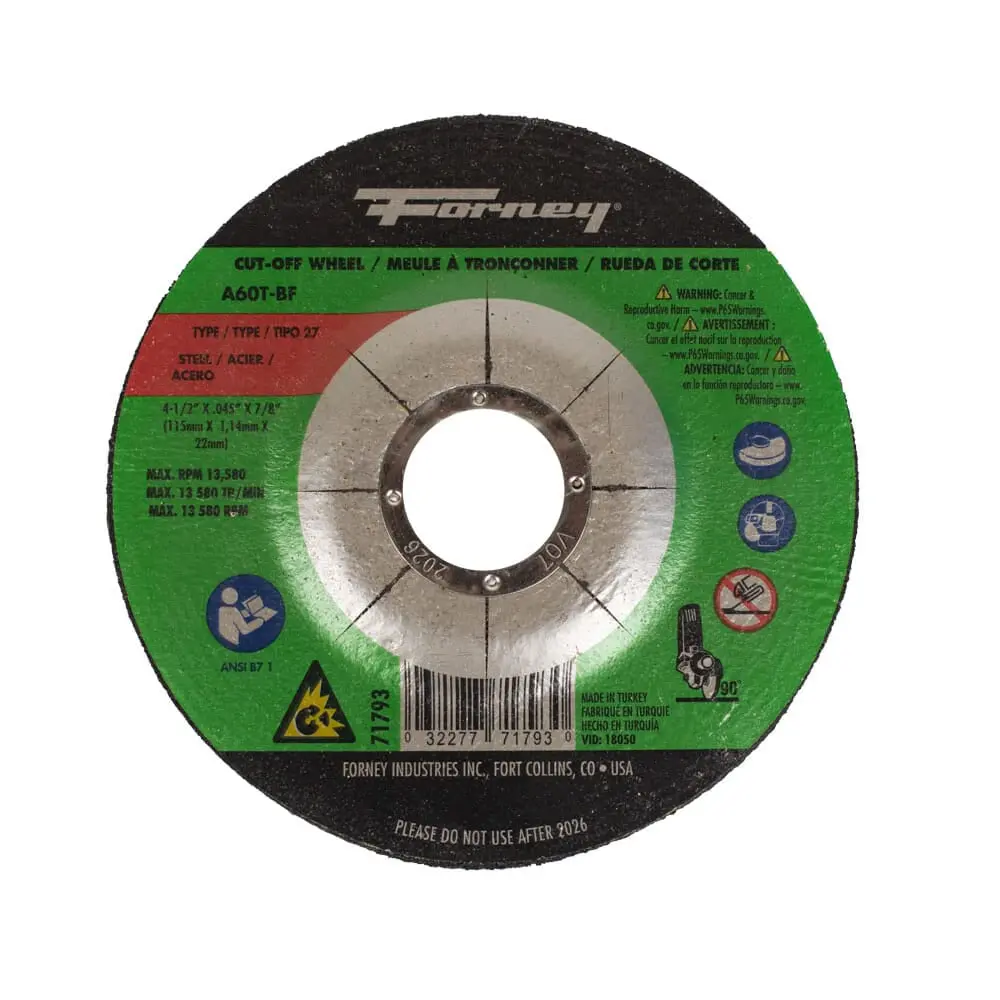 Cut-Off Wheel, Metal, Type 27, 4-1/2 In X .045 In X 7/8 In 1