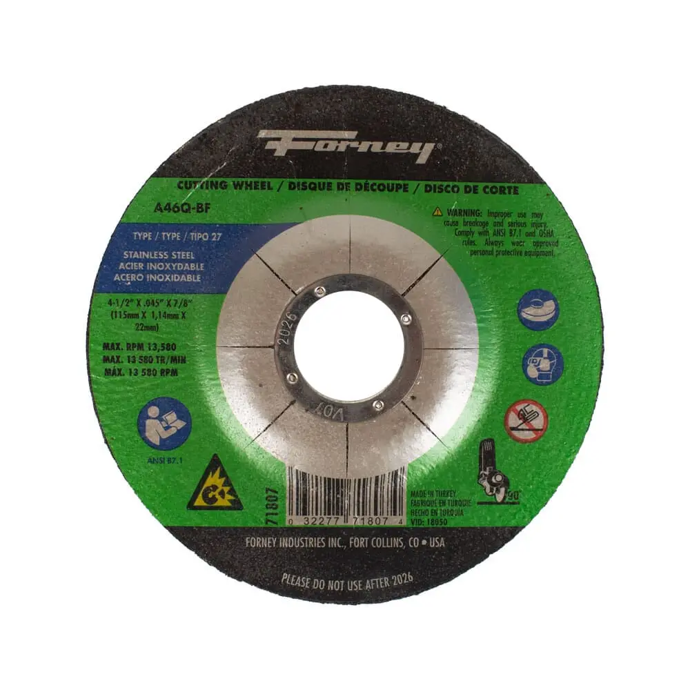Cut-Off Wheel, Stainless, Type 27, 4-1/2 In X .045 In X 7/8 In 1