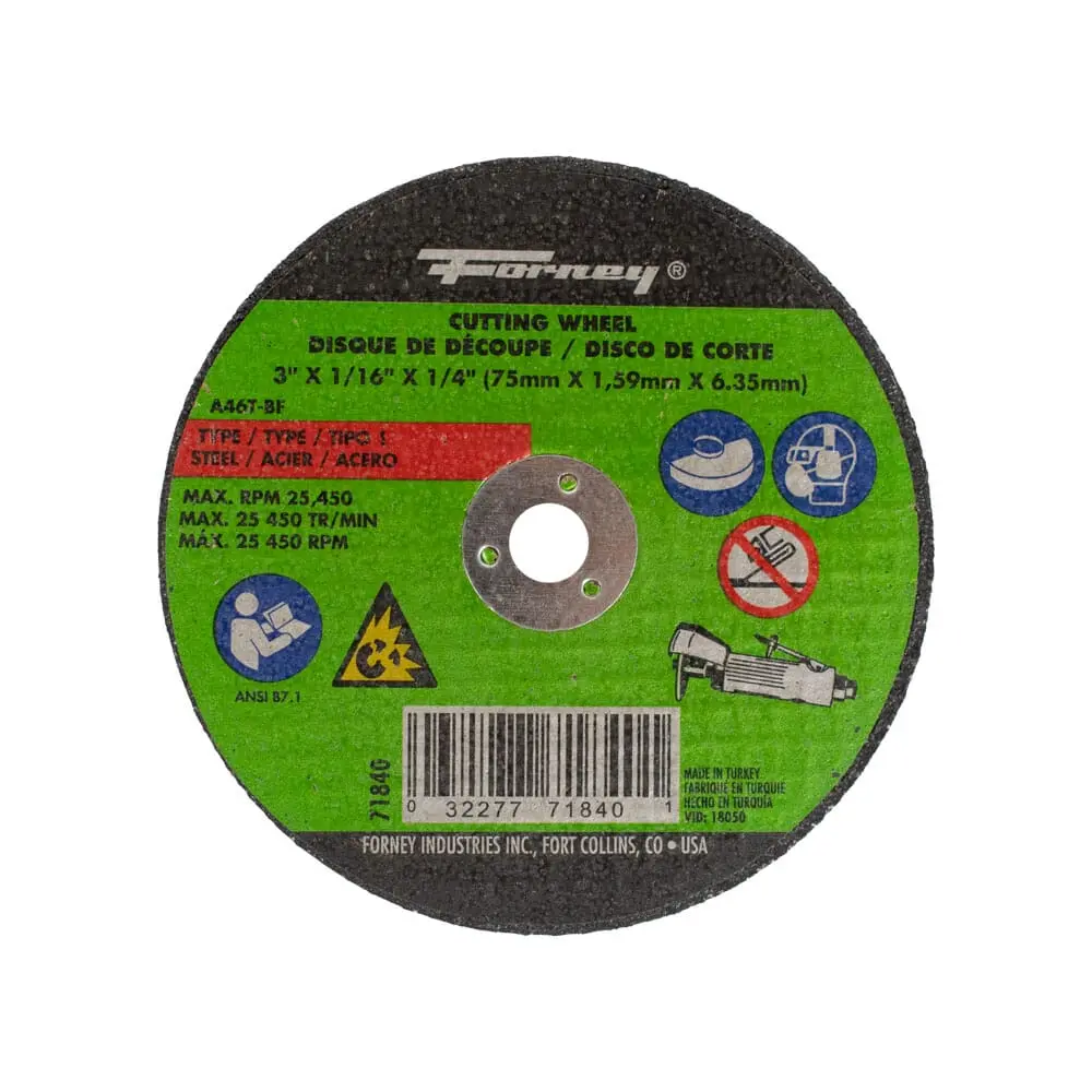 Cut-Off Wheel, Metal, Type 1, 3 In X 1/16 In X 1/4 In 1