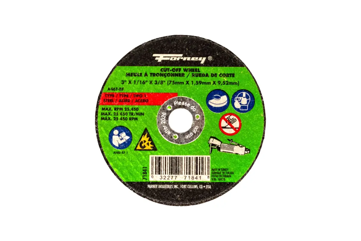 Cut-Off Wheel, Metal, Type 1, 3 In X 1/16 In X 3/8 In 1