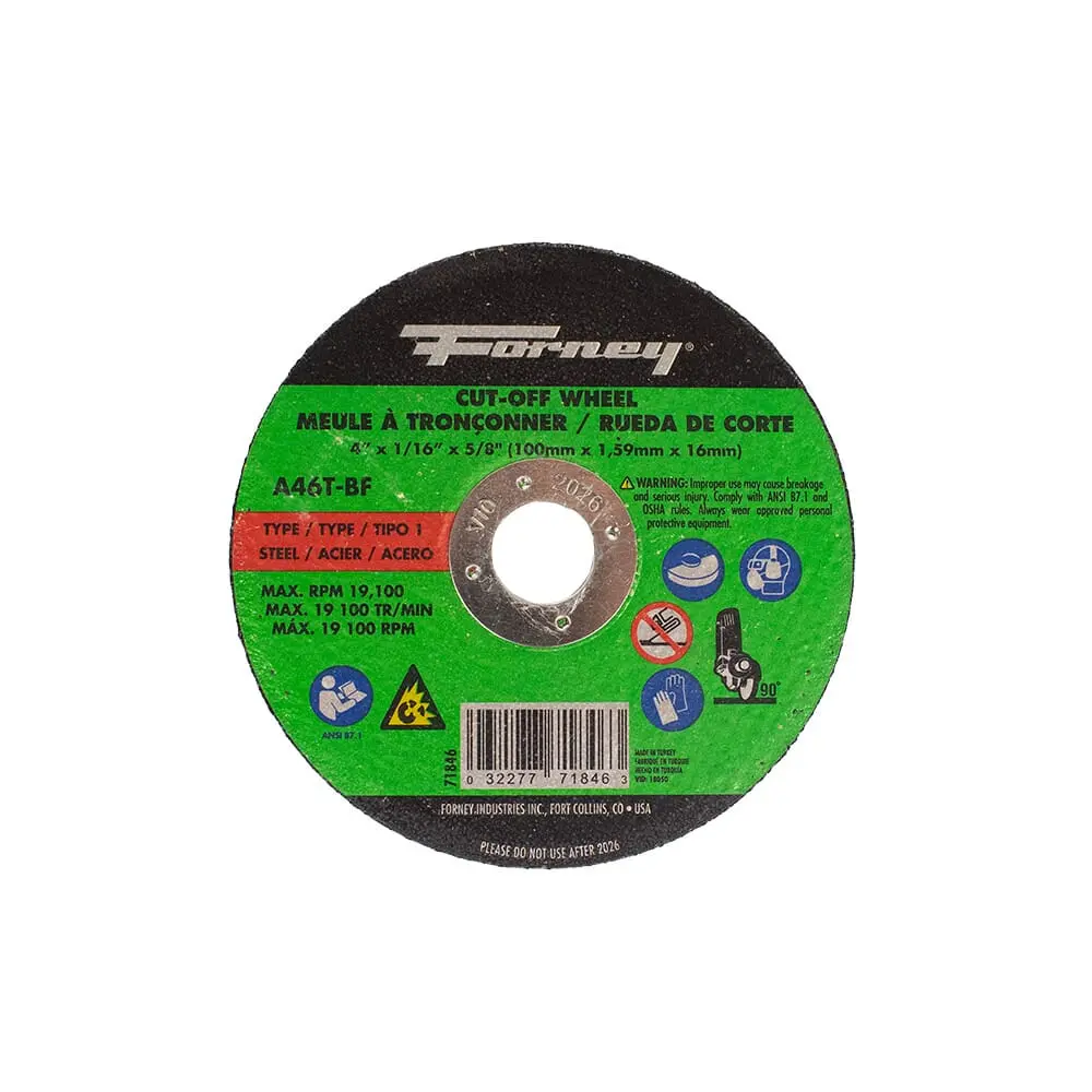 Cut-Off Wheel, Metal, Type 1, 4 In X 1/16 In X 5/8 In 1