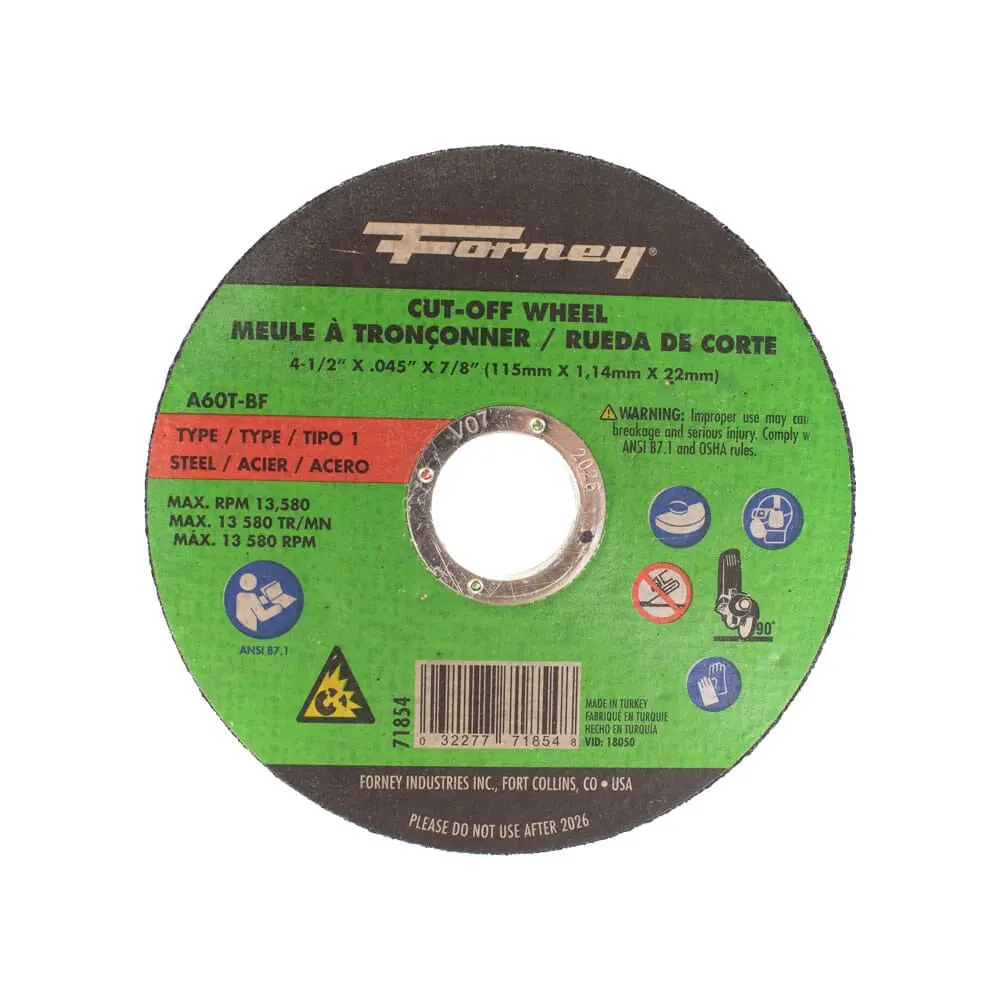Cut-Off Wheel, Metal, Type 1, 4-1/2 In X .045 In X 7/8 In 1