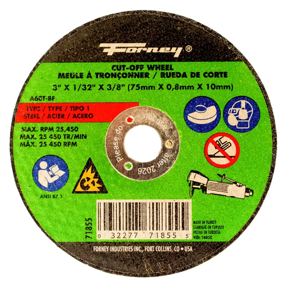 Cut-Off Wheel, Metal, Type 1, 3 In X 1/32 In X 3/8 In 1