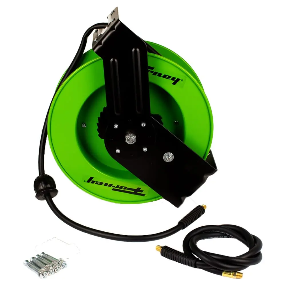 Steel Auto-Retractable Air Hose Reel W/ 3/8 In X 50 Ft Hybrid Air Hose 1