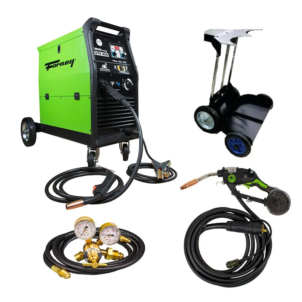 Forney® 270 Mig/Flux Core Welder, Spool Pro Hornet™ Sg250 Spool Gun, Argon/Co2 Regulator With 10 Ft Hose, And Dual Cylinder Trolley Attachment Package 1