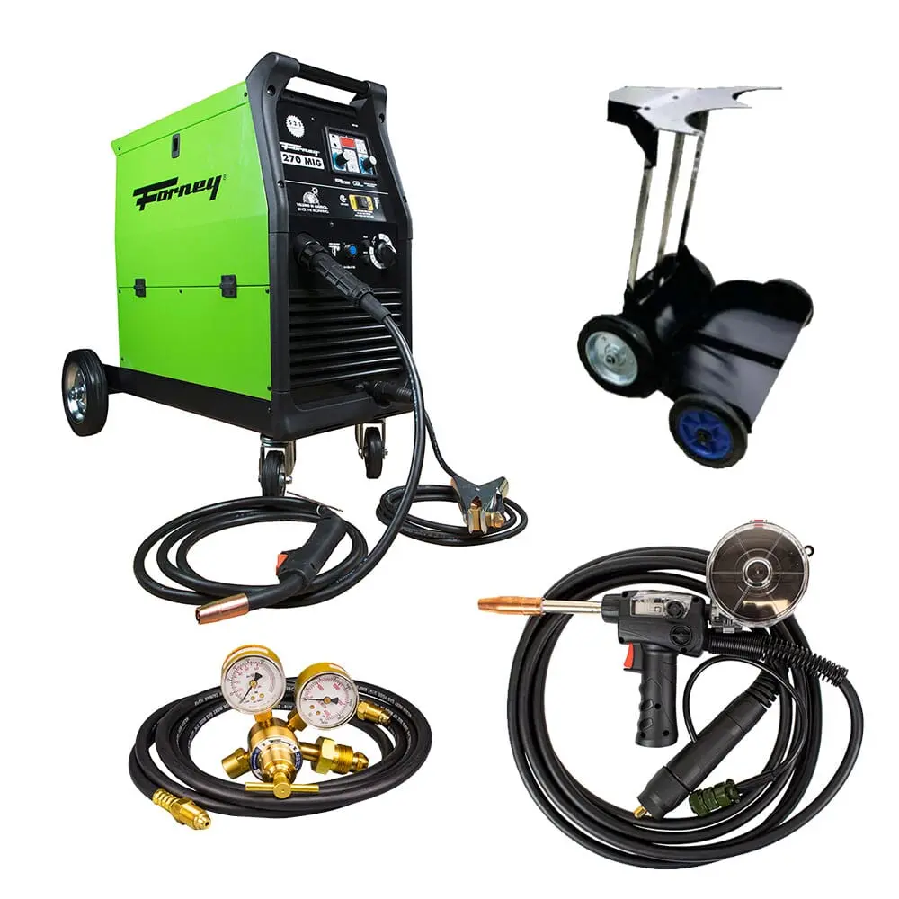Forney® 270 Mig/Flux Core Welder, 250 Amp Spool Gun, Argon/Co2 Regulator With 10 Ft Hose, And Dual Cylinder Trolley Attachment Package 1