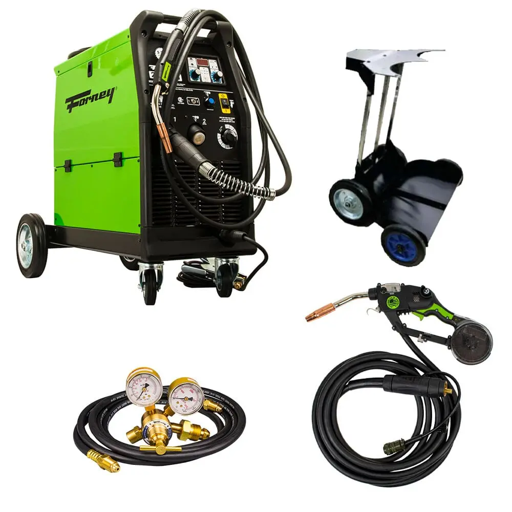 Forney® 242 Dual Mig Welder, Spool Pro Hornet™ Sg250 Spool Gun, Argon/Co2 Regulator With 10 Ft Hose, And Dual Cylinder Trolley Attachment Package 1