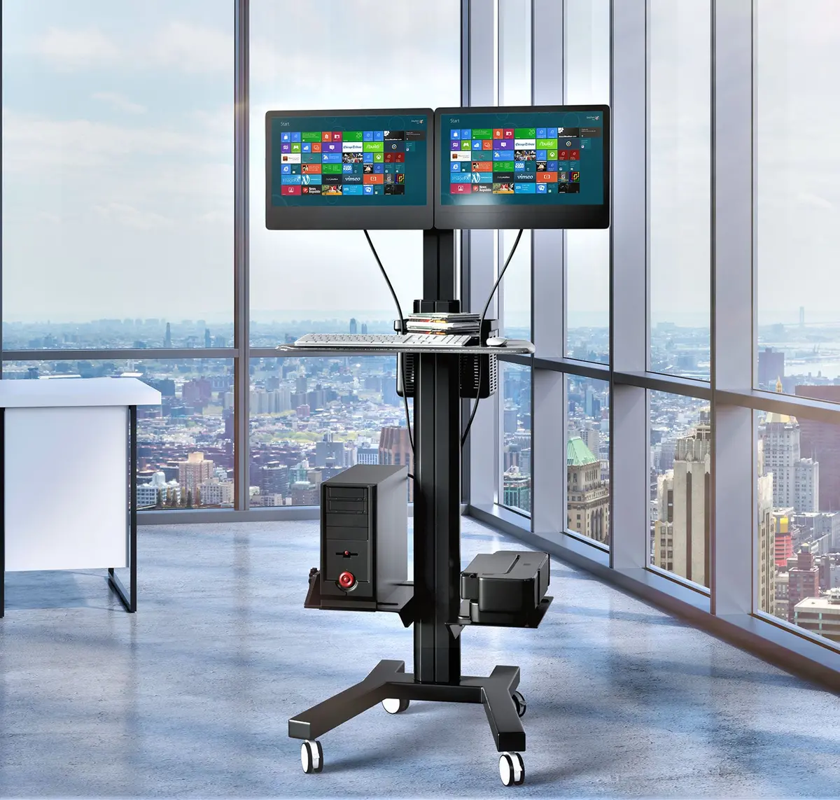 Dual Computer Mobile Cart Com Workstation (Mct09-B) 1