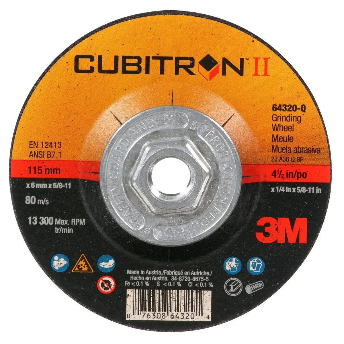 3M™ Cubitron™ Ii Wheel, Depressed Center, Right Angle, 36 Grit 4 1/2" X 5/8"-11 10 Pack 7100103334 1