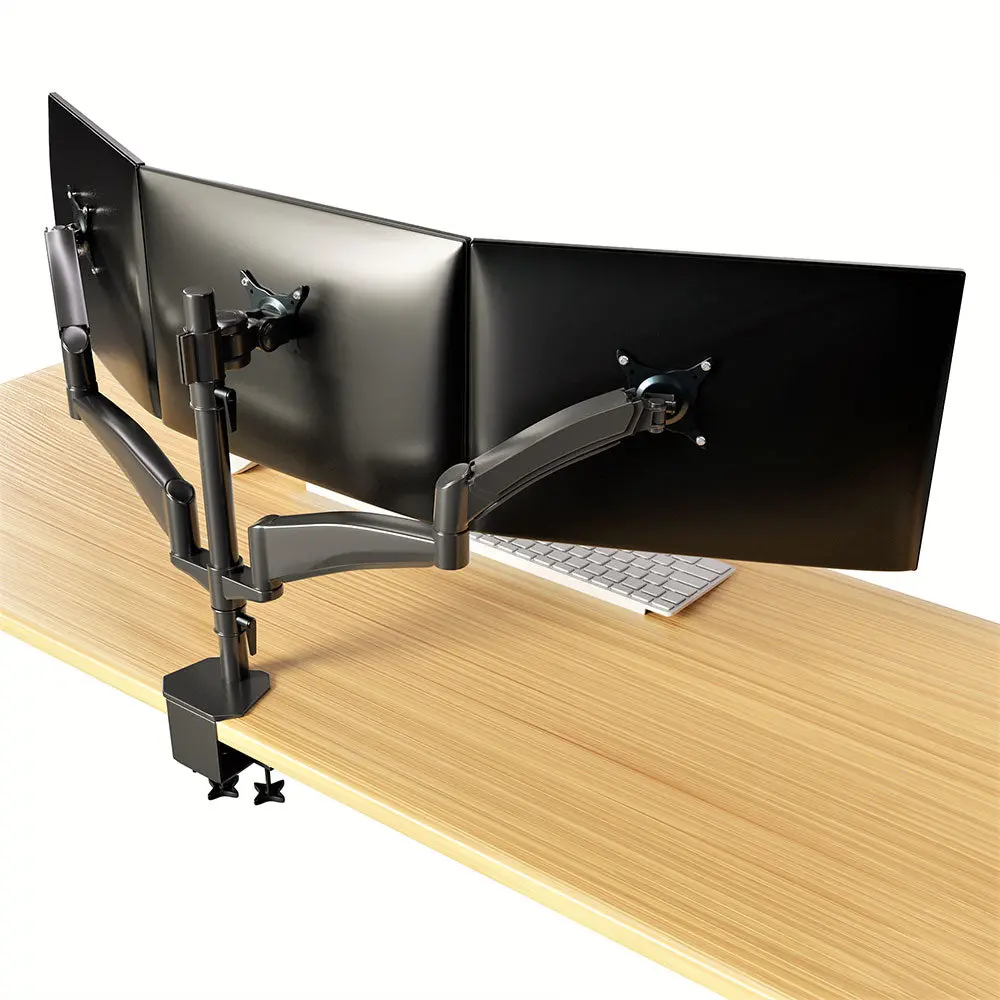 Gas Spring Triple Monitor Desk Mount Arm/Stand, Fully Adjustable Arms, Fits Up To 27" Screens, Black (3Msg-V) 1