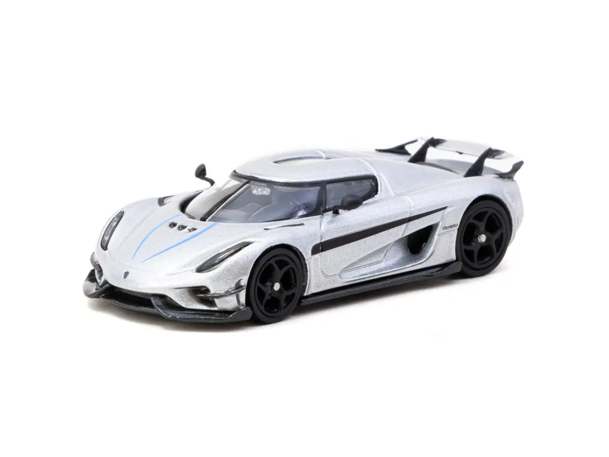 1/64 Koenigsegg Regera Silver Metallic / Blue Accents With Tarmac Cards Combo Set - Tarmac Works Global64 2